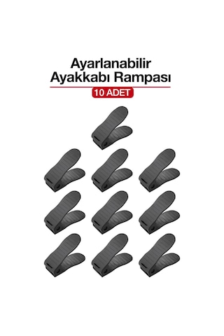 10 Adet Ayarlanabilir Ayakkabı Rampası Dolap İçi Ayakkabı Düzenleyici Organizer Siyah