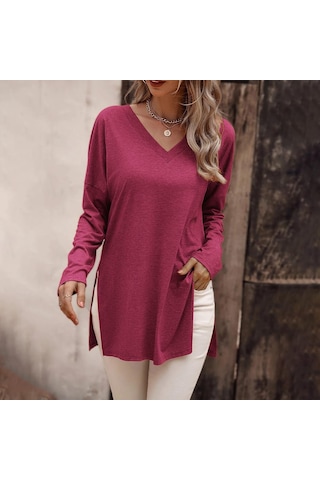 Hnxc Kadın Moda Günlük Yaz Düz Renk Baskı Uzun Kollu V Yaka Bluzlar Ve Gömlekler Pembe