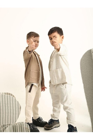 Nanica Kids Erkek Çocuk Beli Kemerli Keten Pantolon-15703 Krem