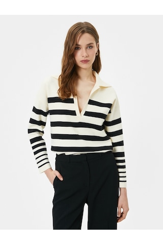 Koton Oversize Triko Kazak Polo Yaka Viskon Karışımlı Siyah Çizgili 4wak90154ht 4WAK90154HT9S9 Siyah
