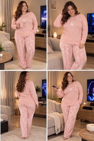 Lila İç Giyim Kadın Büyük Beden Toz Pembe Pamuklu Pijama Takımı - Battal Beden Ev Giyimi