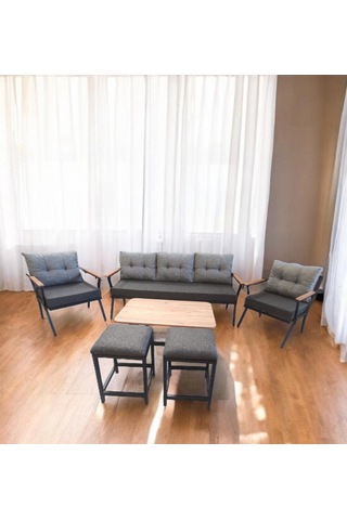 Pilocca Bahçe Balkon Mobilyası Antrasit Gri 3+1+1 Sehpa 2 Pufl Antrasit - Gri