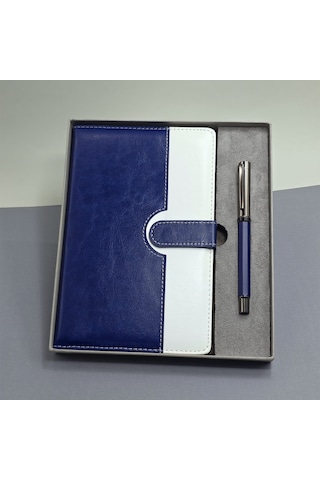 Büro Ev Ofis Hediyesi İçin Mavi Beyaz Deri Kapaklı Defter Metal Kalem Seti