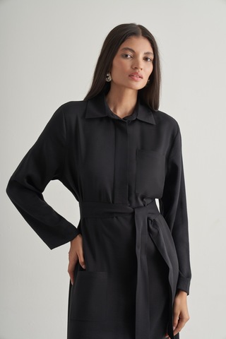 Mizalle Modal Karışımlı Kuşaklı Siyah Uzun Gömlek Elbise Siyah