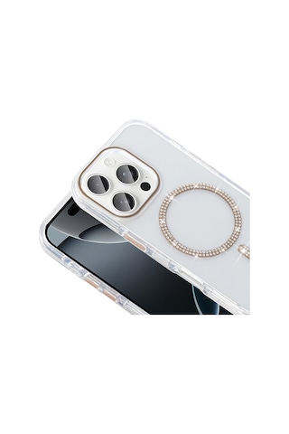 Apple Uyumlu iPhone 15 Pro Kılıf Taşlı Tasarım M-safe Şarj Özellikli Mkst Koment Silikon Kapak - Gümüş Gümüş