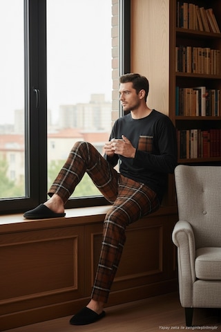 Buratti Ekoseli Cepli Beli Lastikli % 100 Pamuk Regular Fit Erkek Pijama Takımı 6572001 Siyah-Kahve