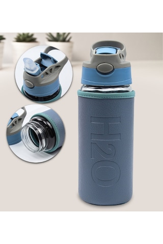 H2o Deri Kılıflı Pipetli Cam Matara 500 Ml Mavi