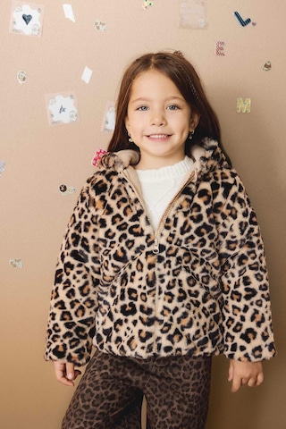 Defacto Kız Bebek Kapüşonlu Leopar Desenli Fermuarlı Pelüş Mont E7993a525aubg744 Bej