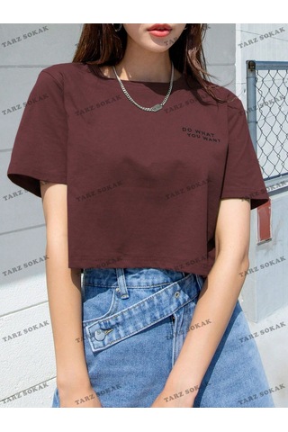 Flood Of Style Crop Ckod-232913 Dazy Kadın Slogan Desenli Kısa Kollu Kısa Bordo