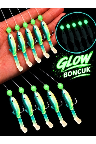 Ea genset Yeşil Silikon Balıklı Çapari 5 Cm 2 Adet Silikon At Çek Takımı Fosforlu Glow Boncuklu