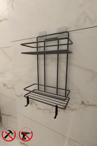 Ömür Boyu Paslanmaz Yapışkanlı Siyah 2 Katlı Düz Banyo Şampuanlık Tş02, Delmeye Son, Matkap Vida Yok Çok Renkli
