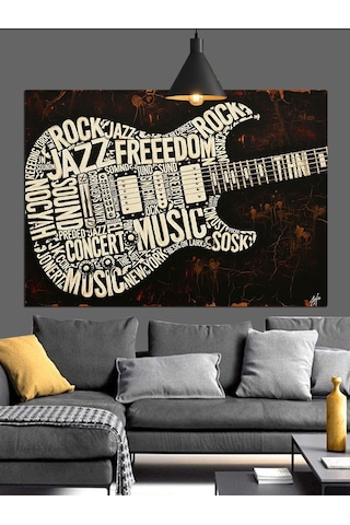Gitar Şekilli Müzik Yazıları Dekoratif Kanvas - Mdf Ahşap Tablo