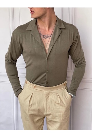 Modefendi Slim Fit %100 Pamuk Triko Kumaş Gömlek Haki