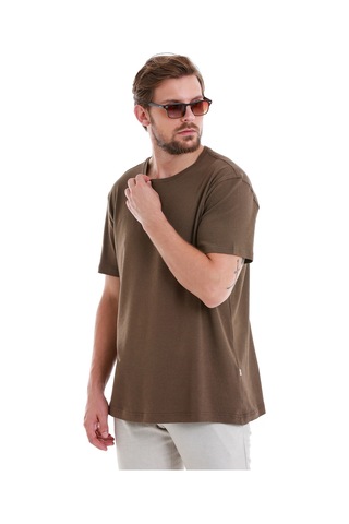 Hatemoğlu Kahverengi Regular Fit Düz Bisiklet Yaka Keten Tişört 35102024c012 008 Kahverengi
