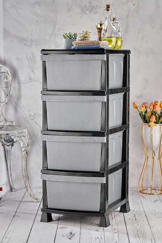 Line Komidin - 4 Katlı Çekmeceli Çizgili Plastik Komidin - Sebzelik - Çekmece Siyah