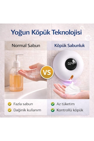 Polham Akıllı Sensörlü Köpük Sabunluk 280ml 0.25s Hızlı Sensör Şarjlı Dijital Ekranlı Otomatik Sabunluk Beyaz