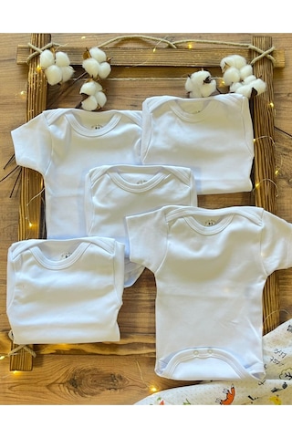Betül Bebek Kısa Kollu 5'li Organik Pamuk Çıtçıtlı Bebek Body&zıbın 5 Adet Beyaz