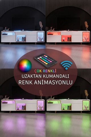 Norm Gold Demir Ayaklı Rgb Led Işık Sistemli Beyaz Tv Ünitesi Tv Sehpası Beyaz - Altın