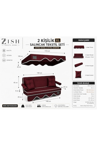 Altaleno 2 Kişilik 140 45 Cm Süngerli Bahçe Balkon Salıncak Minderi Yıkanabilir Kılıflı, Tenteli Keten Kumaş Tekstil Seti 24 Dns 8 Cm Orta Sert Sünger Bordo