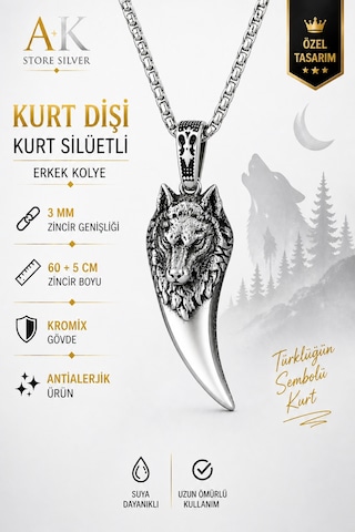 Gümüş Kaplama K-102 Paslanmaz Kromix Erkek Kolye Madalyon Kurt Dişi Üzerine Bozkurt İşleme Beyaz