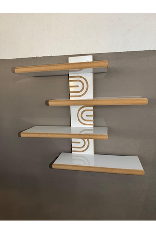 Asimetrik Bohem Ahşap Dekoratif Duvar Rafı 4 Raflı Beyaz