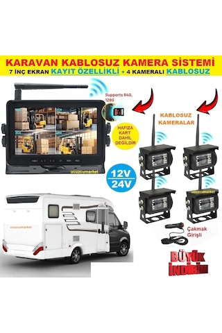 Karavan Kamera Sistemi 7 Inç Kayıt Yapabilen Ekran + 4 Adet Kablosuz Kamera Hepsi Bir Arada