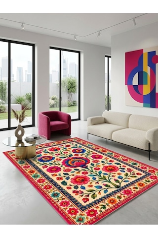 Dijital Baskı Çiçek Desenli Renkli Halı Çiçek Motifli Modern Dekoratif Salon Halısı Çok Renkli
