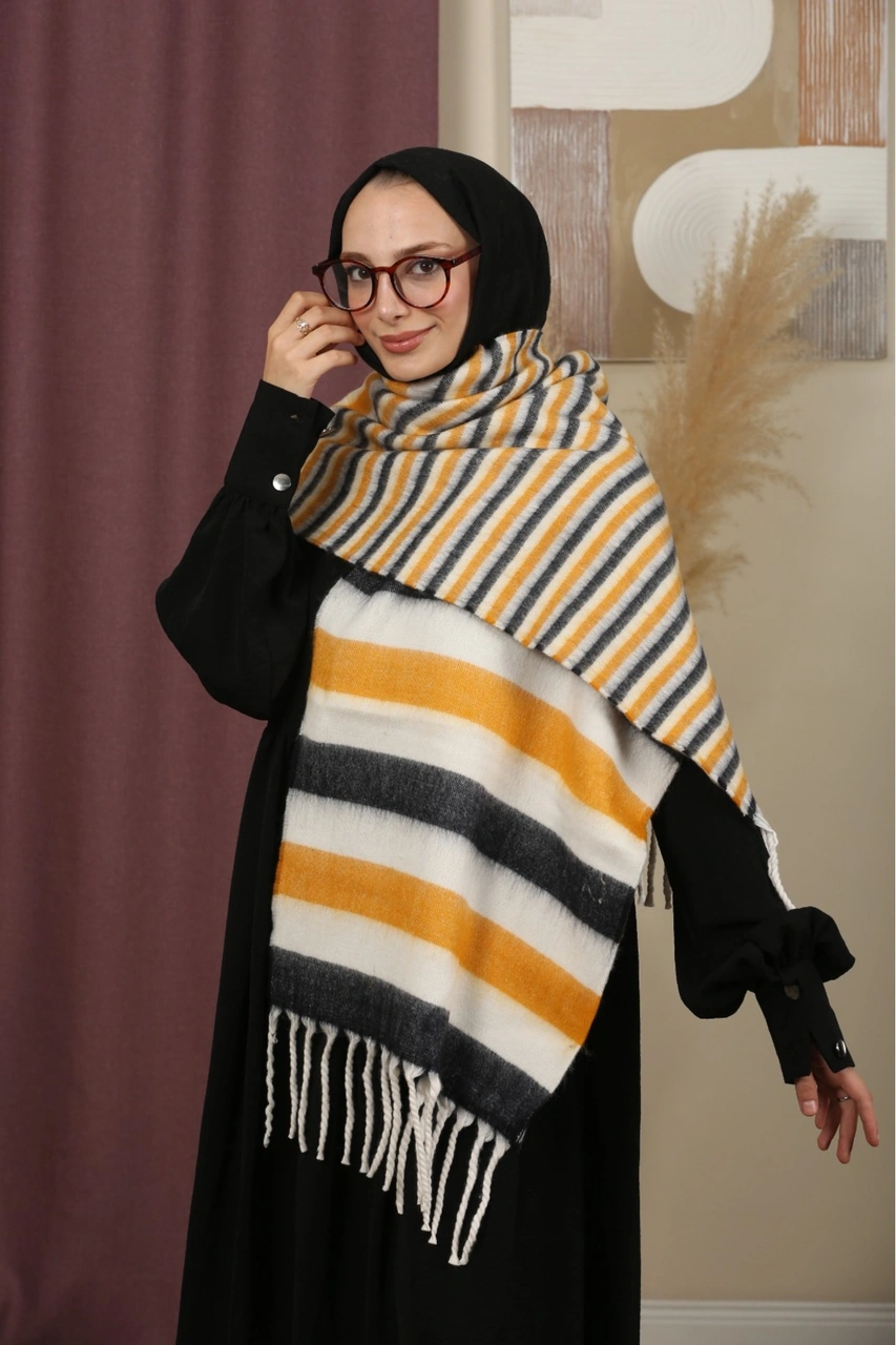 Çift Taraflı Kışlık Omuz Şalı Hardal