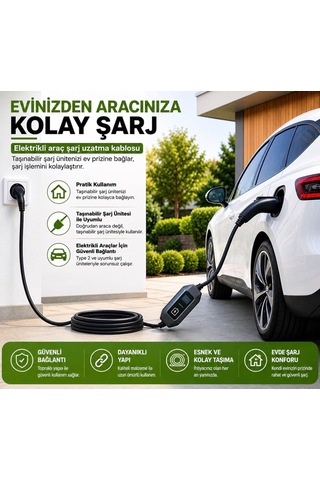 Evden Elektrikli Araba Şarj Uzatma Kablosu Topraklı%100 Bakır 3x2.5mm Siyah, 2 Metre