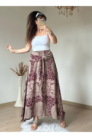 Azra Butik Otantik Desenli Etek Bordo