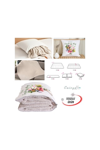 Öğretmenler Günü Hediyesi Güller Tv Battaniyeli Opsiyonel Dekoratif Yastık Kırlent 2in1 Battaniye Çok Renkli