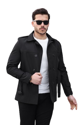 Mero Life Erkek Siyah Mevsimlik Astarlı Kemerli Kruvaze Trençkot Siyah