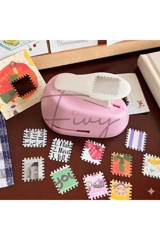 Pembe Pul Delgeç Tasarım Scrapbooking Malzemesi - Pul Şekilli Delgeç Kağıt Kesici Genel