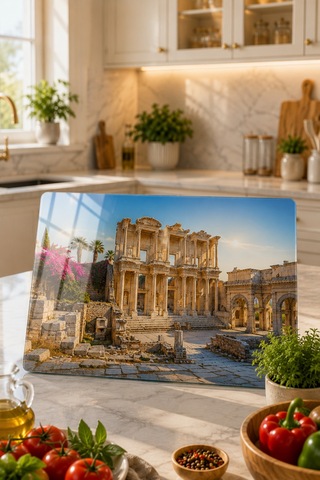 Gökçeoğlu Cam Kesme Tahtası İzmir Efes Antik Kenti Temalı - Cam Kesme Tablası 30cm X 40cm Beyaz
