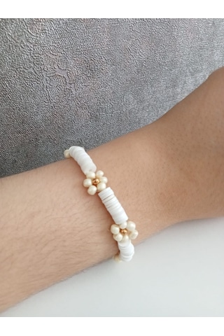 Nle Accessory Çiçekli Fimo Boncuklu Bileklik Beyaz