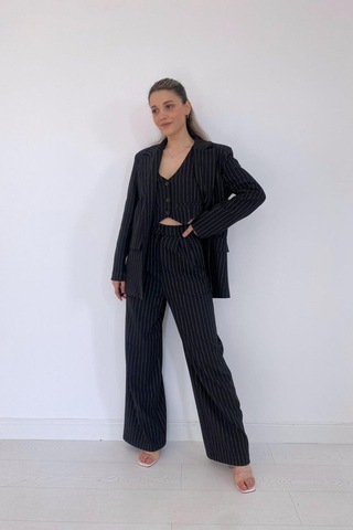 Siyah Çizgili Ceket - Yelek Ve Pantolon Takım Siyah