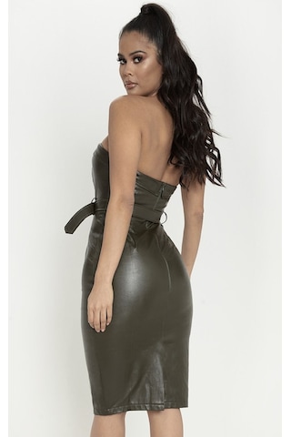 Fashion Cocktail Düğmeli Sexy Dar Suni Deri Dekoratif Düğmeli Kemerli Gece Elbise Siyah