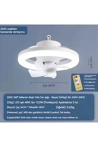 360 E27 Uzaktan Kumandalı Üç Renkli Tavan Vantilatörü Açık Beyaz 3 Renk Kumandalı