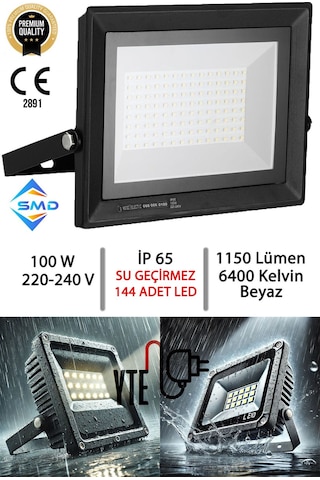 Led Projektör 100 W İp 65 Su-toz Geçirmez 11550 Lm Smd Led Yüksek Işık Beyaz 6400k Pars-100 1 Adet