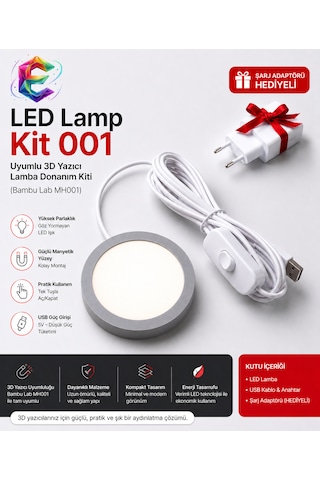 Led Lamp - Kit 001 Uyumlu 3d Yazıcı Lamba Donanım Kiti Gün Işığı Bambu Lab Mh001 Tam Uyumlu + Şarj Adaptörü Hediyeli Gri