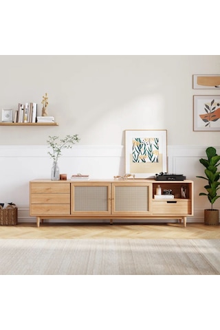 Ahşap Rattan Kapak Detaylı Modern Tv Ünitesi Natürel