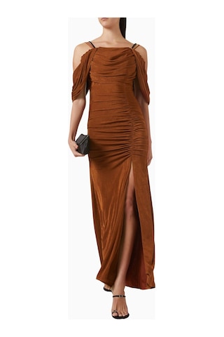 Ac By Aanchal Chanda Drape Dress Metalik Jersey Kadın Elbise Kahverengi