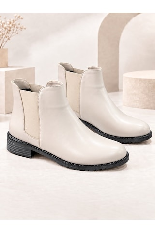Dabab Shoes Maral Kadın Bej Cilt Yuvarlak Burun Lastik Detaylı 3 Cm Topuklu Kaymaz Taban Chelsea Bot Bootie
