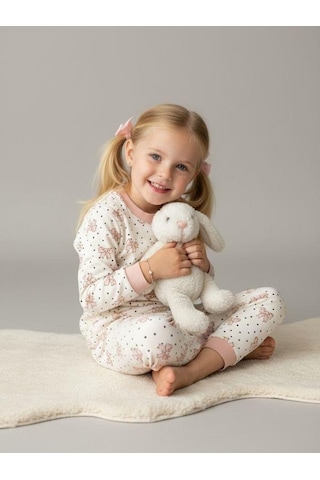 Kız Çocuk Pamuklu Fiyonk Baskılı Pijama Takımı-16833 Pudra