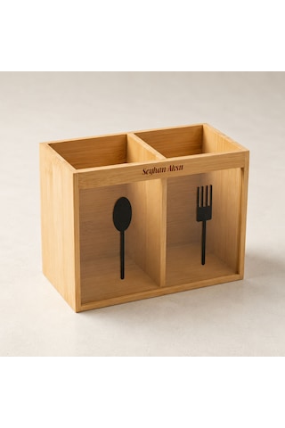 Bk Gift Kişiye Özel 2 Bölmeli Bambu Kaşıklık, Doğal Ahşap Mutfak Düzenleyici 18x9x13 Cm