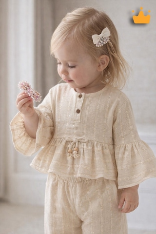 Babyhola Kız Bebek Çocuk Bayramlık Takım Volan Kollu Simli Müslin 2011 Bej
