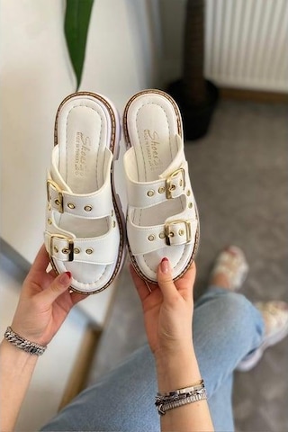 Asmi Shoes Kadın Çift Bant Kapsül Detaylı Kalın Taban Ortopedik Terlik Beyaz Beyaz
