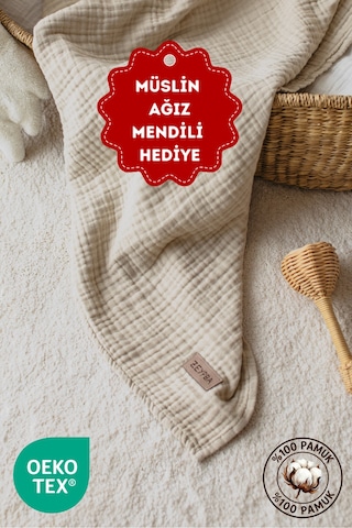 Zeypba %100 Pamuk 4 Katlı Müslin Örtü Kenar Dikişli 90x100 CM Bej