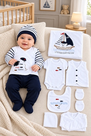 Sitilin Erkek Bebek 10'lu Hastane Çıkışı Seti Yenidoğan Hediyesi Denizci Ayıcık Desenli Zıbın Stl7307 Beyaz