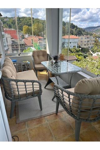 Tu Tienda Kartepe 2 1 1 Rattan Bahçe Balkon Takimi,bej Kumaş/gri Rattan Örgü Bej